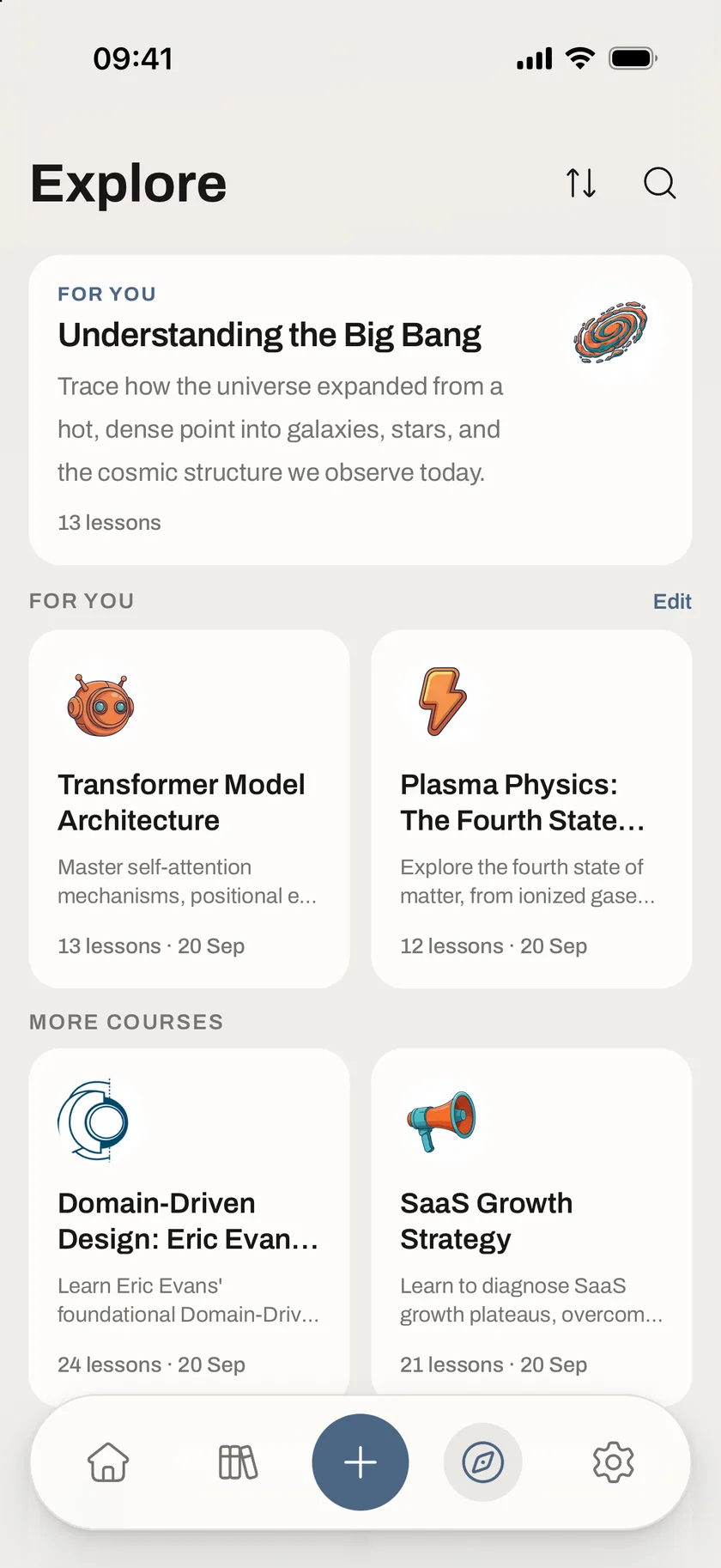 The Explore tab in Sophia: a featured course above a grid of curated courses.