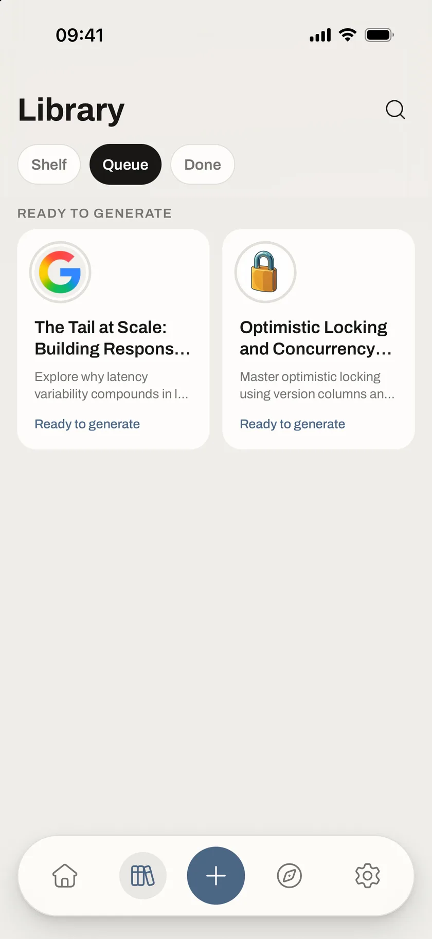 Sophia’s Library Queue with two courses ready to generate, one from email and one from an AI assistant.